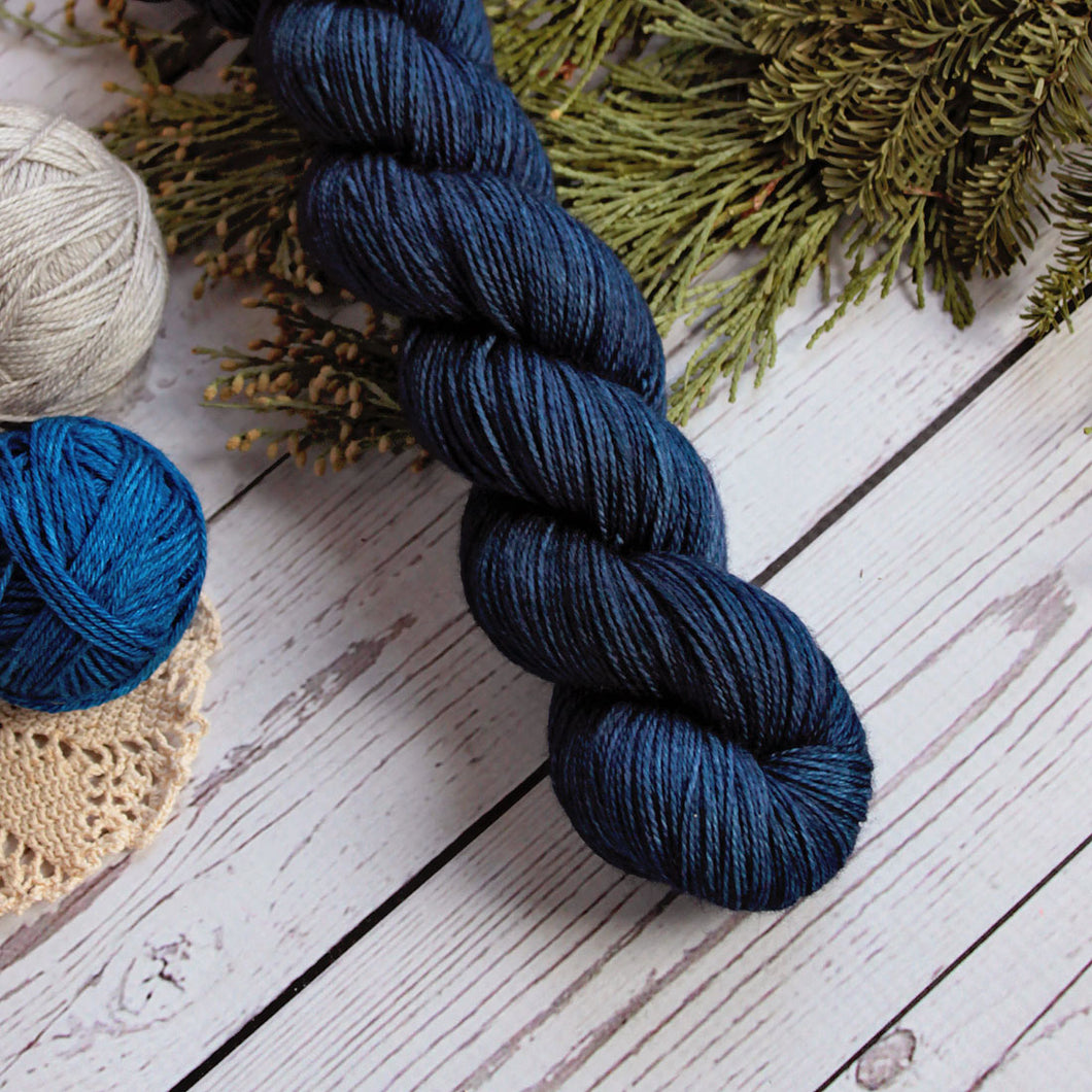 hand dyed yarn in solid navy blue, merino wool, nylon, sock yarn, fingering weight yarn, handmade in the US by Yarn Love